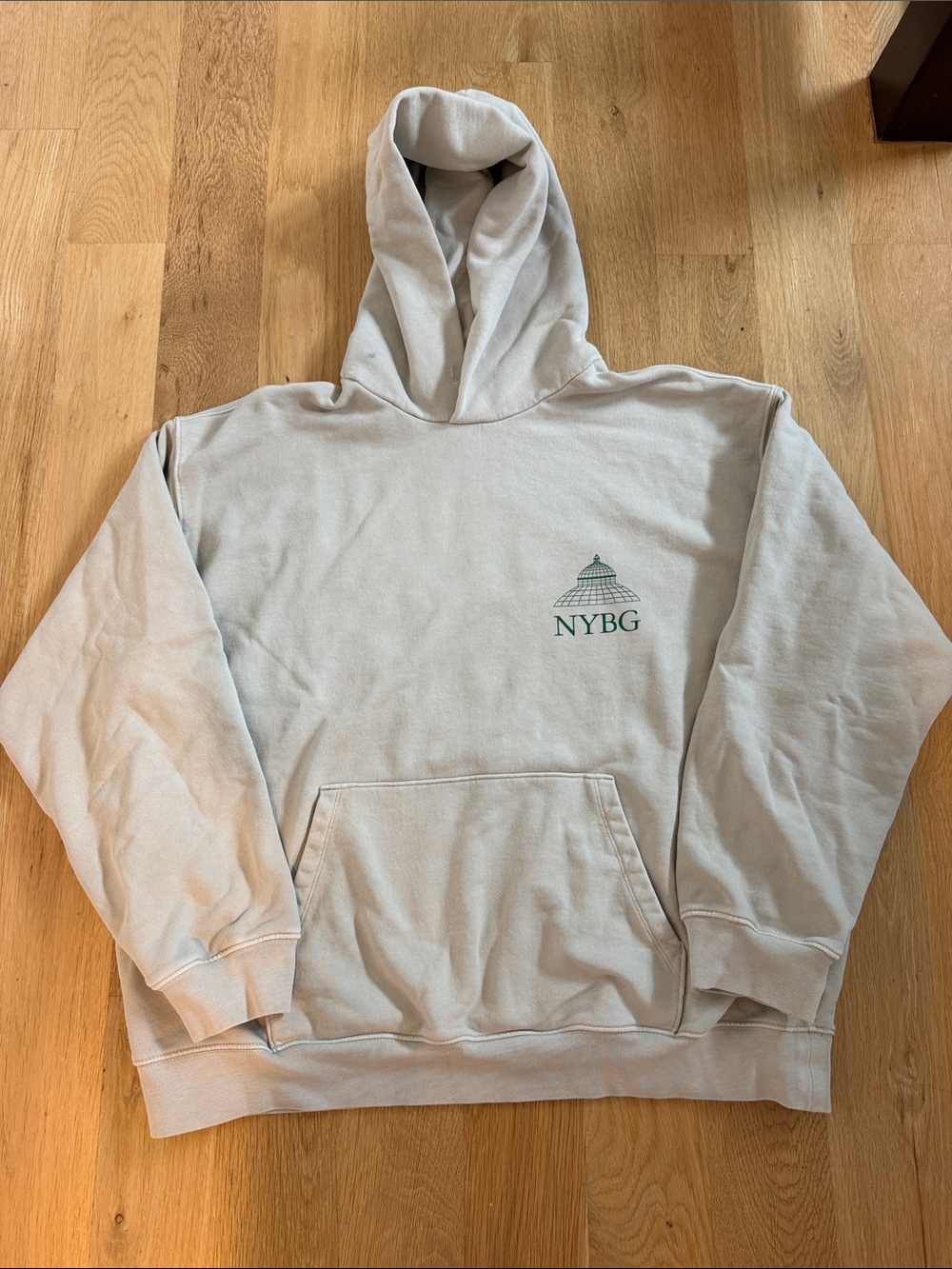 Madewell NYBG Logo Hooded Sweatshirt in Light Tan with green logo
